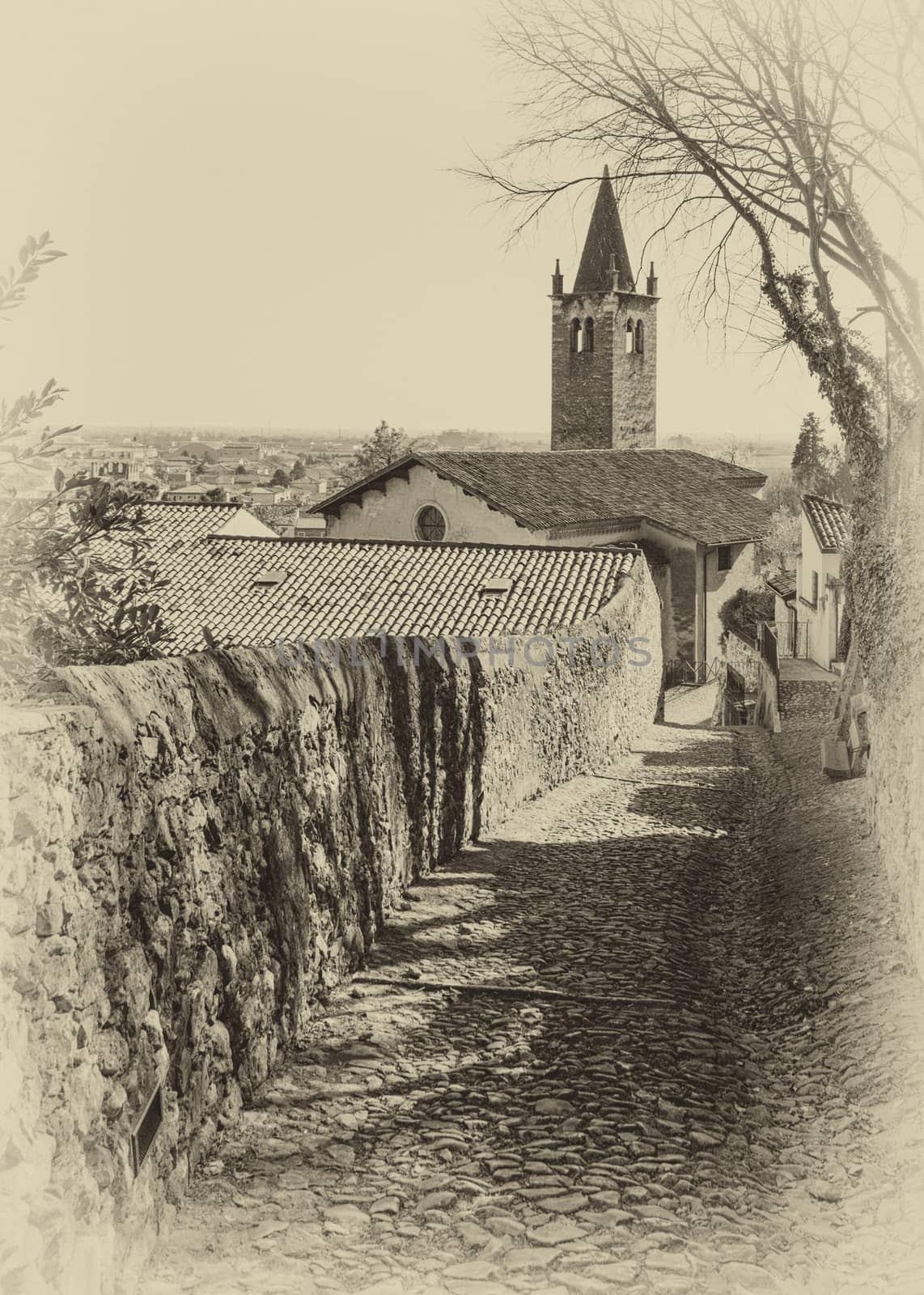 ancient medieval road that leads from the village of Soave (Italy) to the castle on the hill