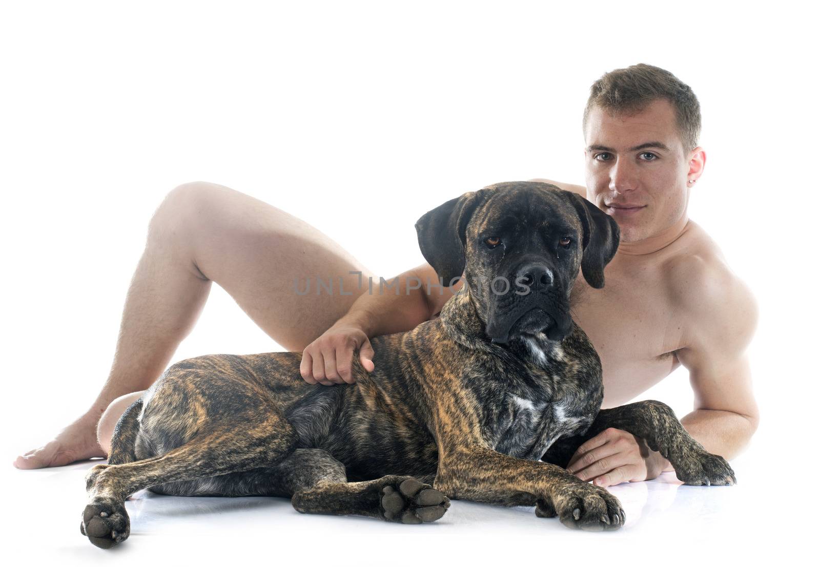naked man and italian mastiff in front of white background