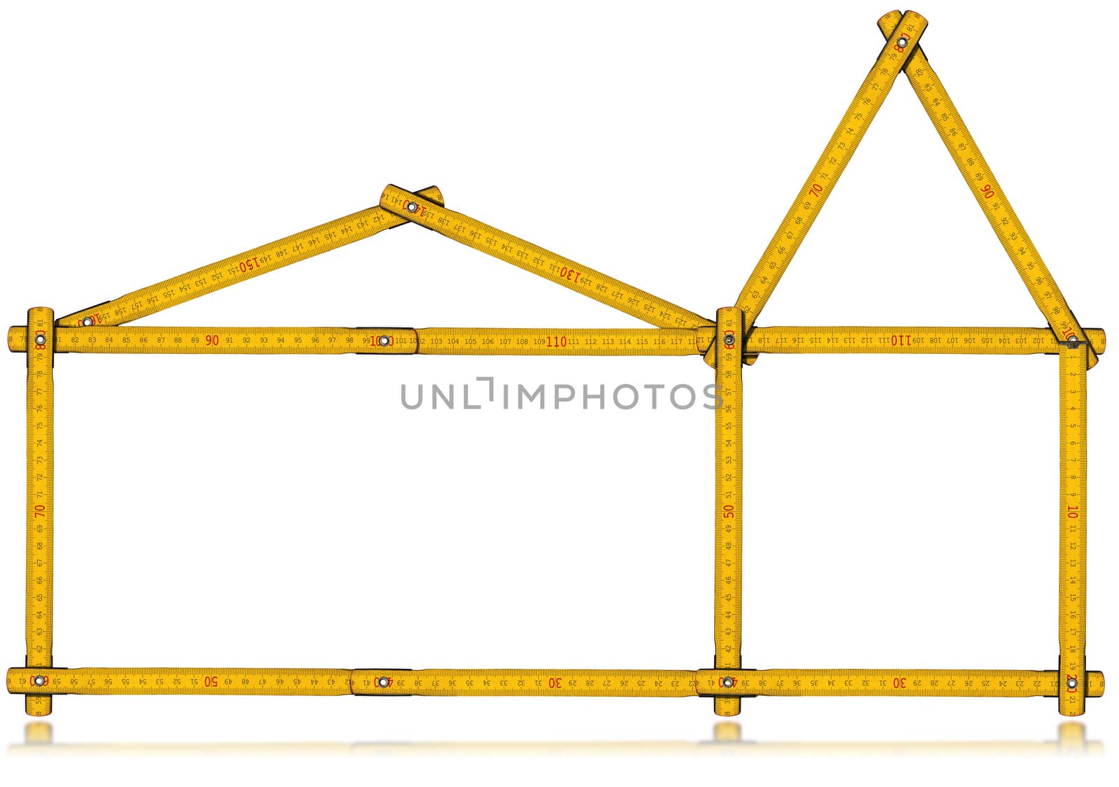 Wooden yellow meter in the shape of house with reflections, isolated on white background. Design house concept