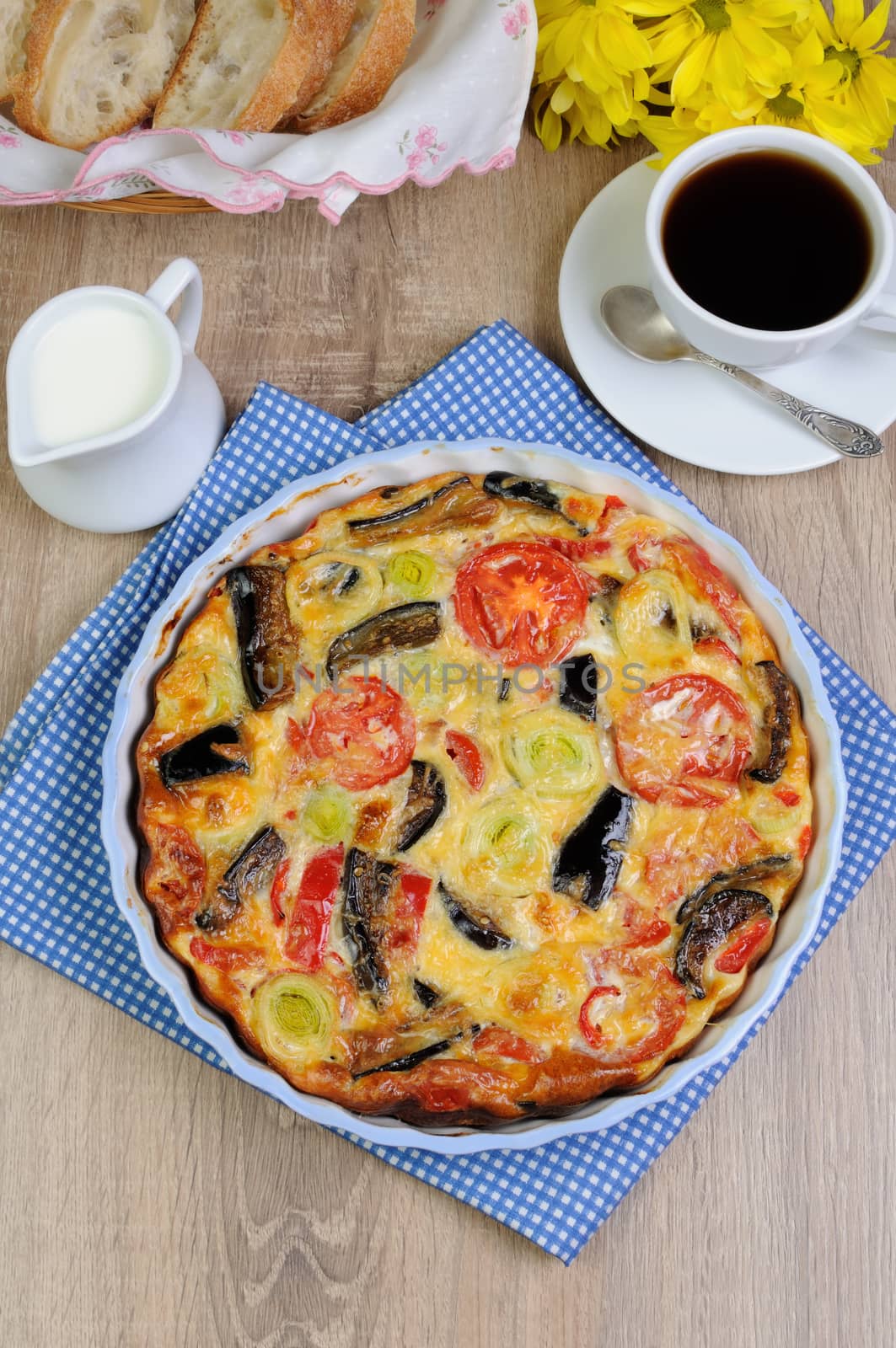 omelette eggplant, leek, tomatoes and pepper with cheese