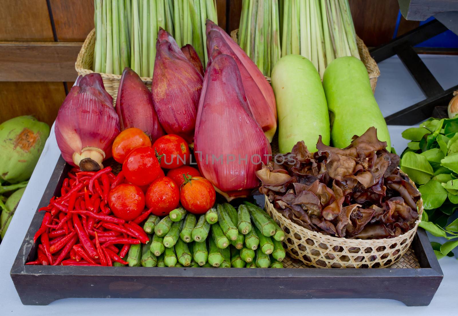 Kind of Thai vegetables set in Thai kitchen style.