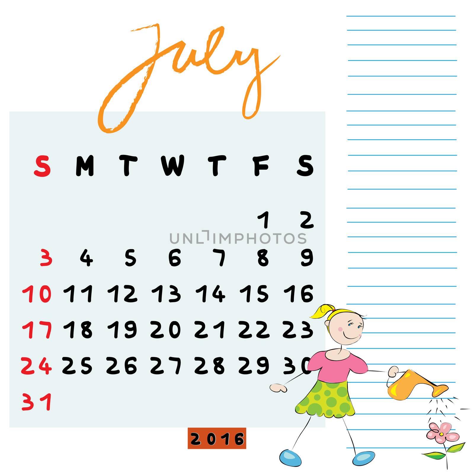 Hand drawn design of July 2016 calendar with kid illustration, the caring student profile for international schools