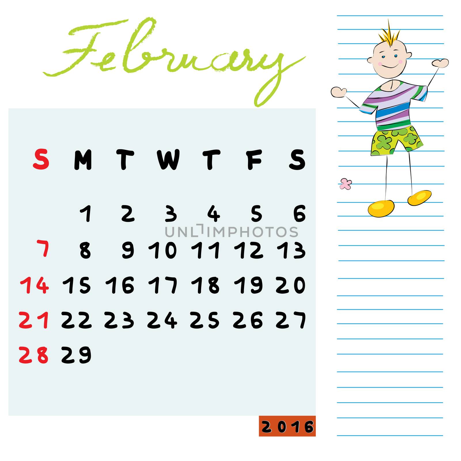 Hand drawn design of February 2016 calendar with kid illustration, the open-minded student profile for international schools