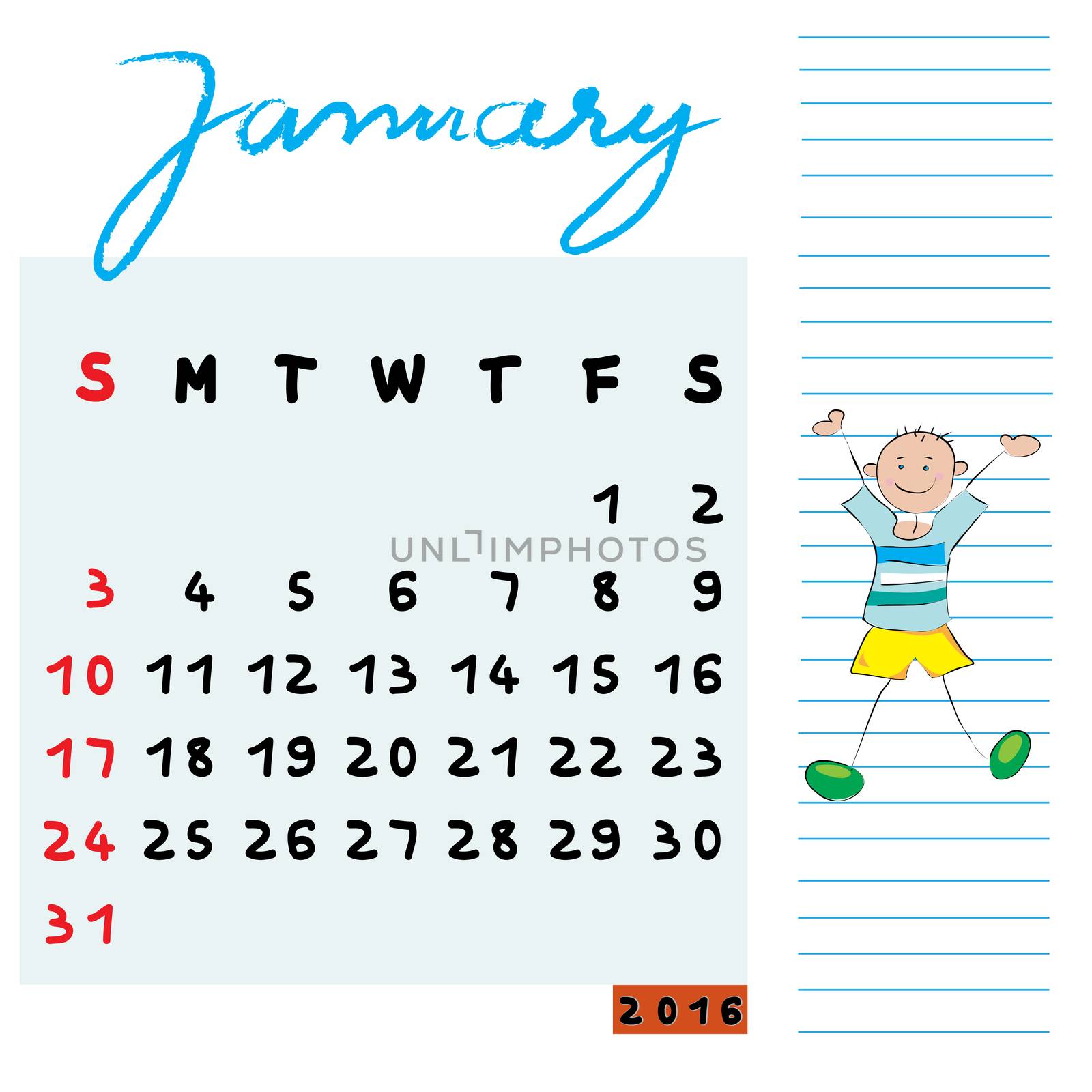 Hand drawn design of January 2016 calendar with kid illustration, the happy student profile for international schools