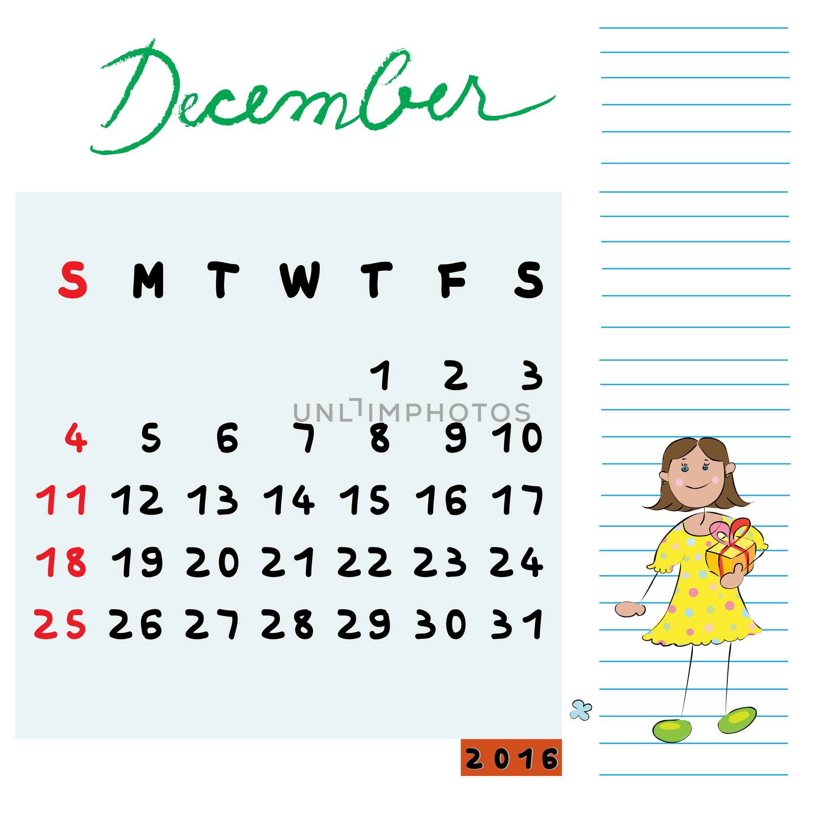 Hand drawn design of the December 2016 calendar with kid illustration, gifted student profile for schools