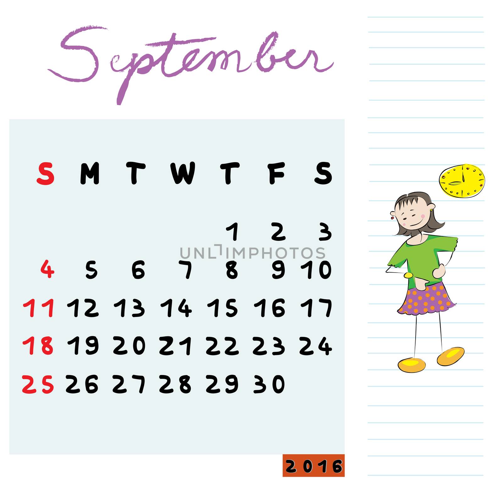 Hand drawn design of September 2016 calendar with kid illustration, the principled student profile for international schools