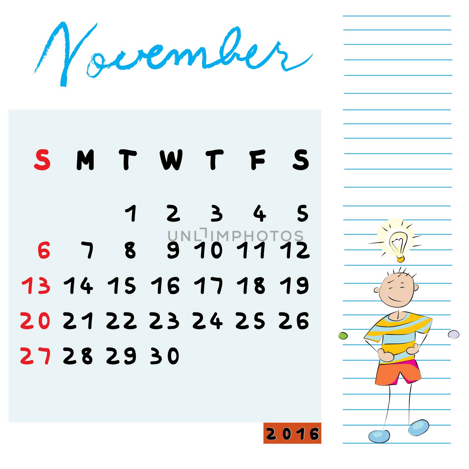 Hand drawn design of November 2016 calendar with kid illustration, the thinker student profile for international schools