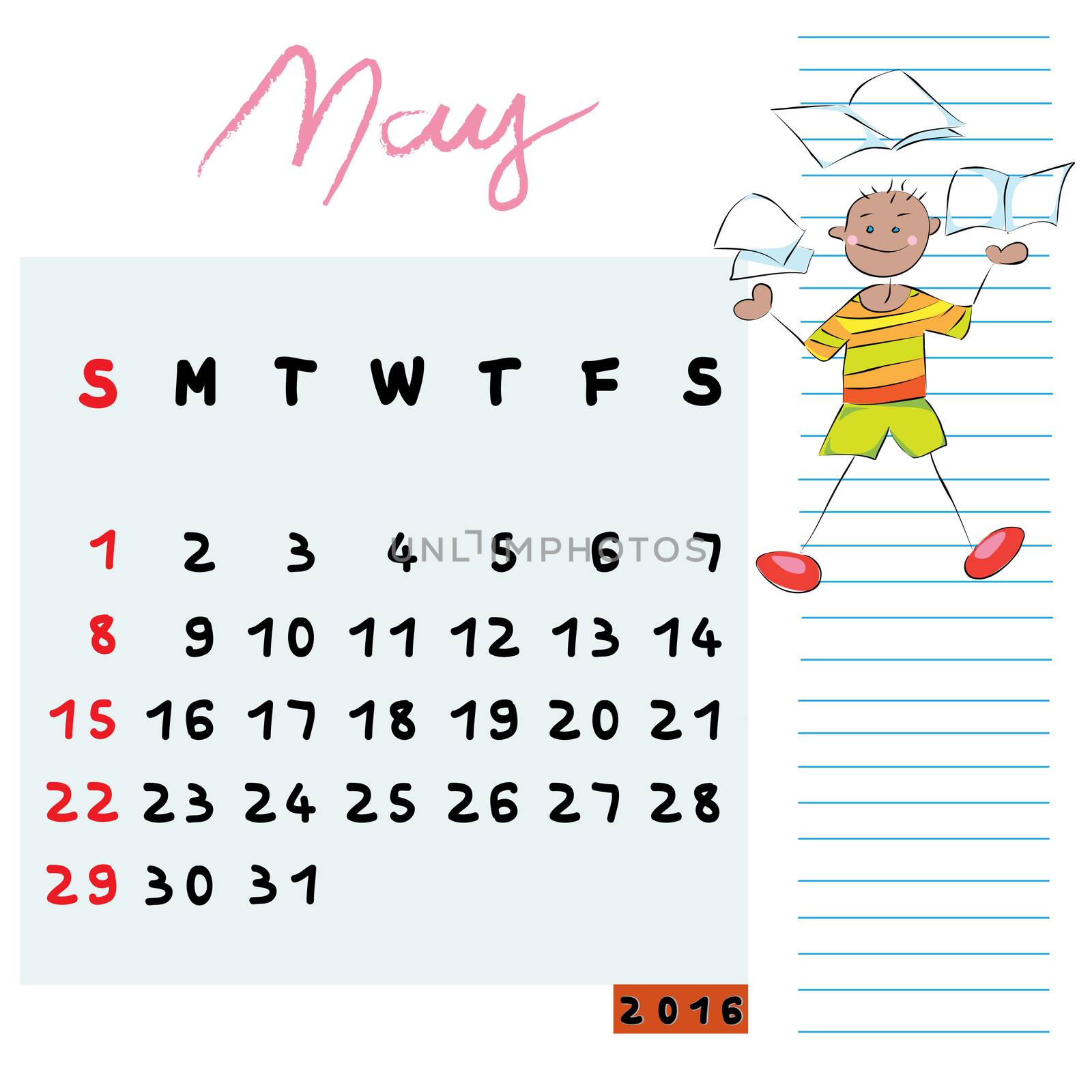 Hand drawn design of May 2016 calendar with kid illustration, the knowledgeable student profile for international schools