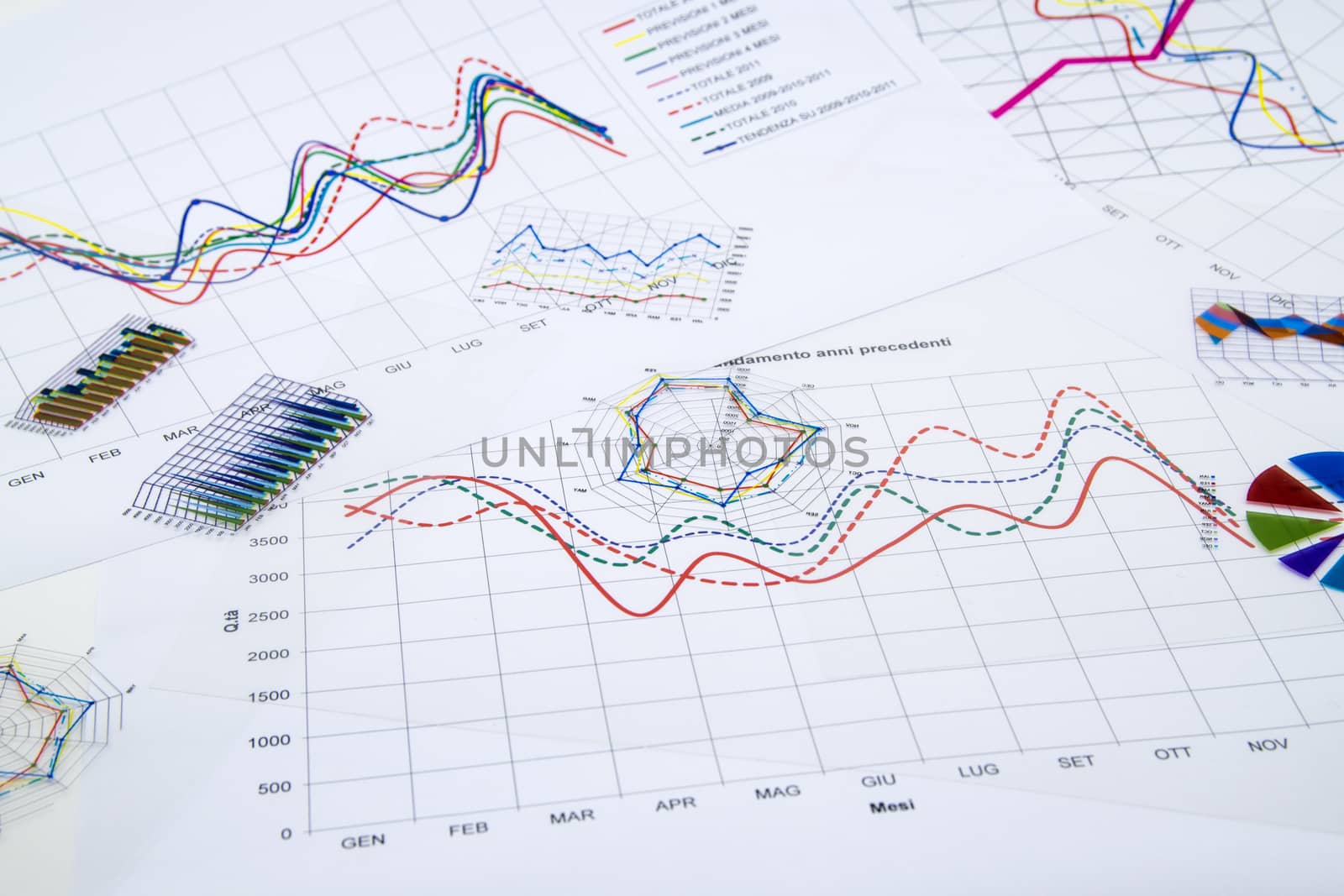 stack of paper documents with financial reports and statistic information data isolated on white background