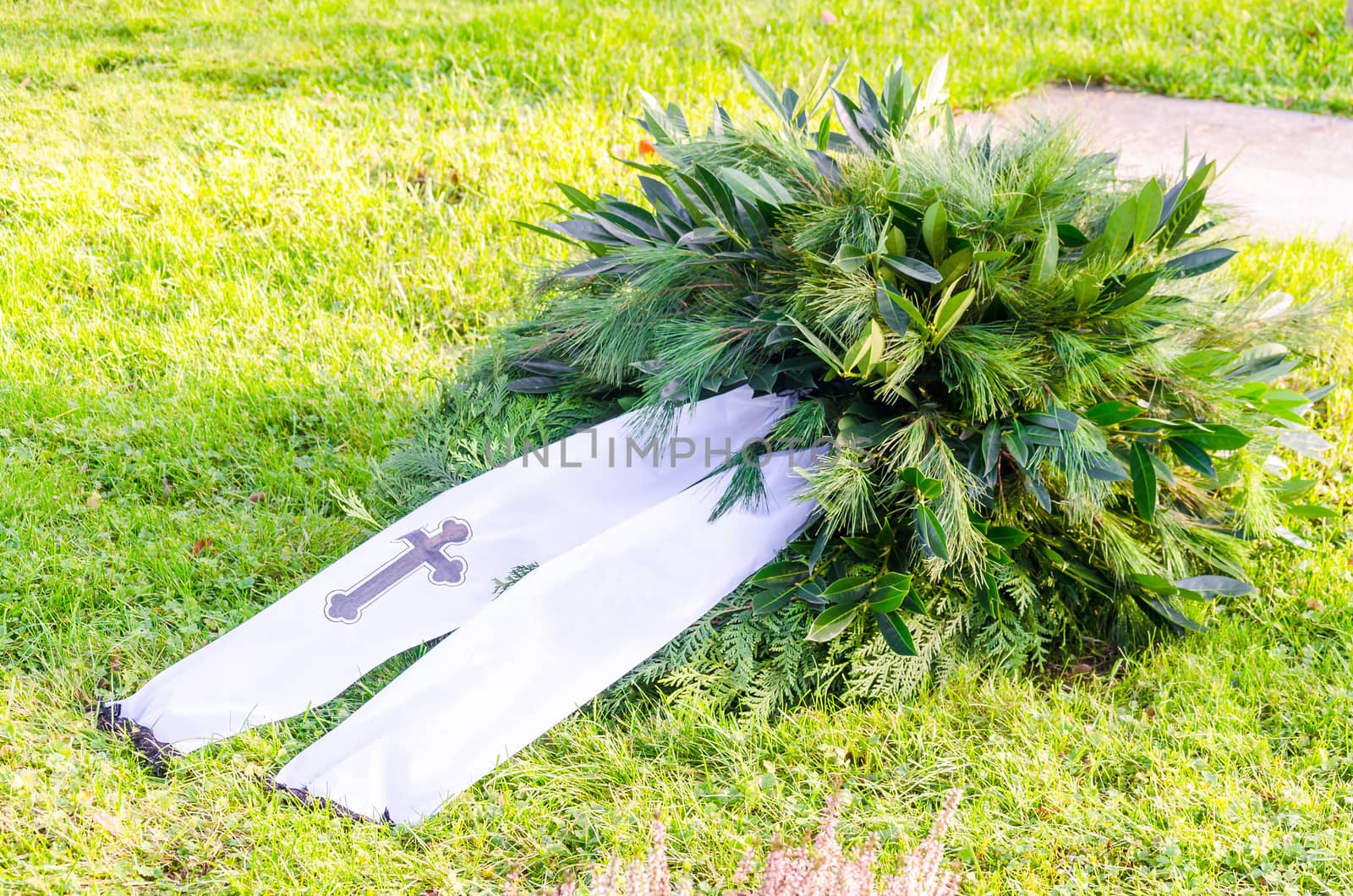 Wreath with banner and cross. Banners with copy space.