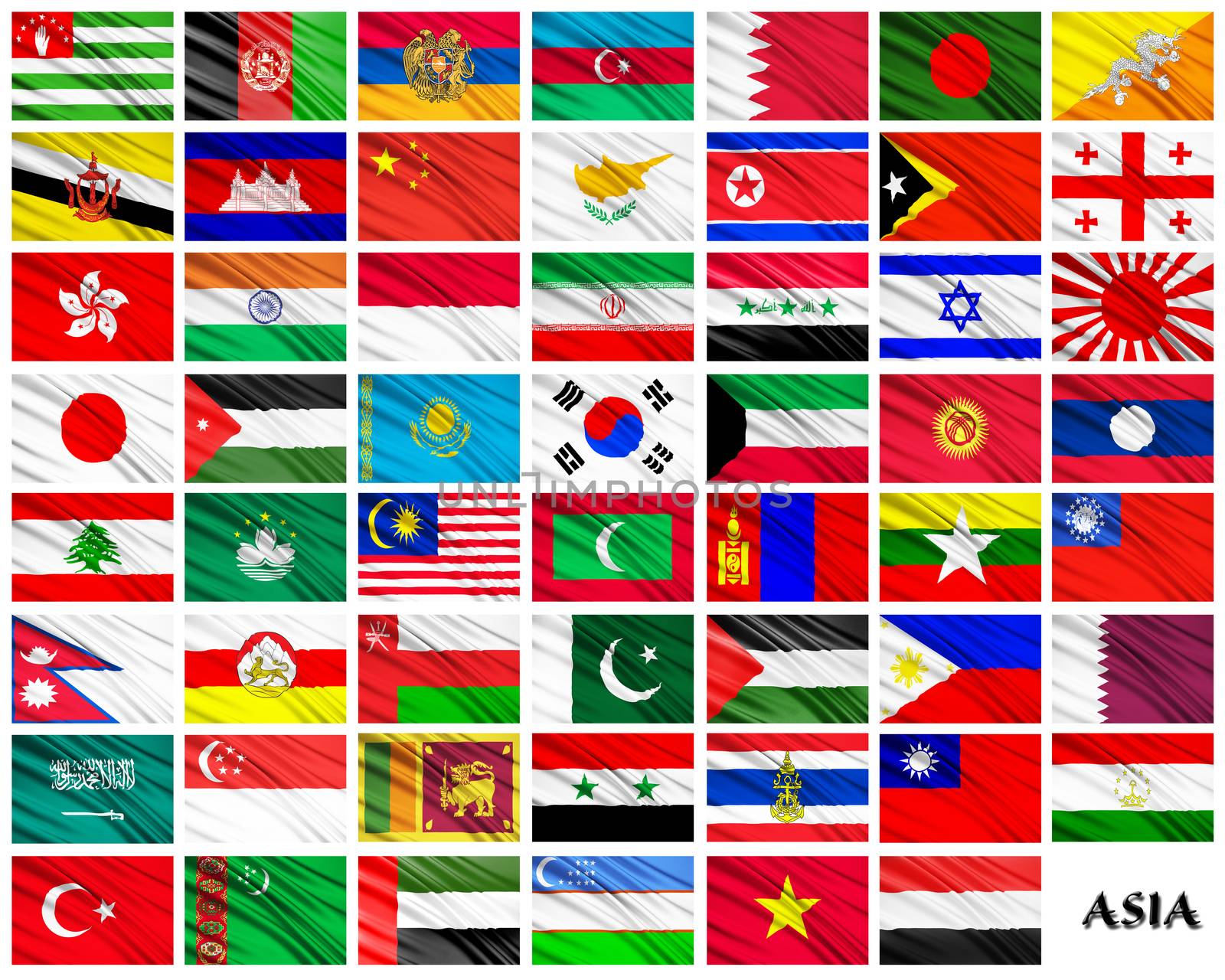 Flags of Asian countries in alphabetical order on a white background