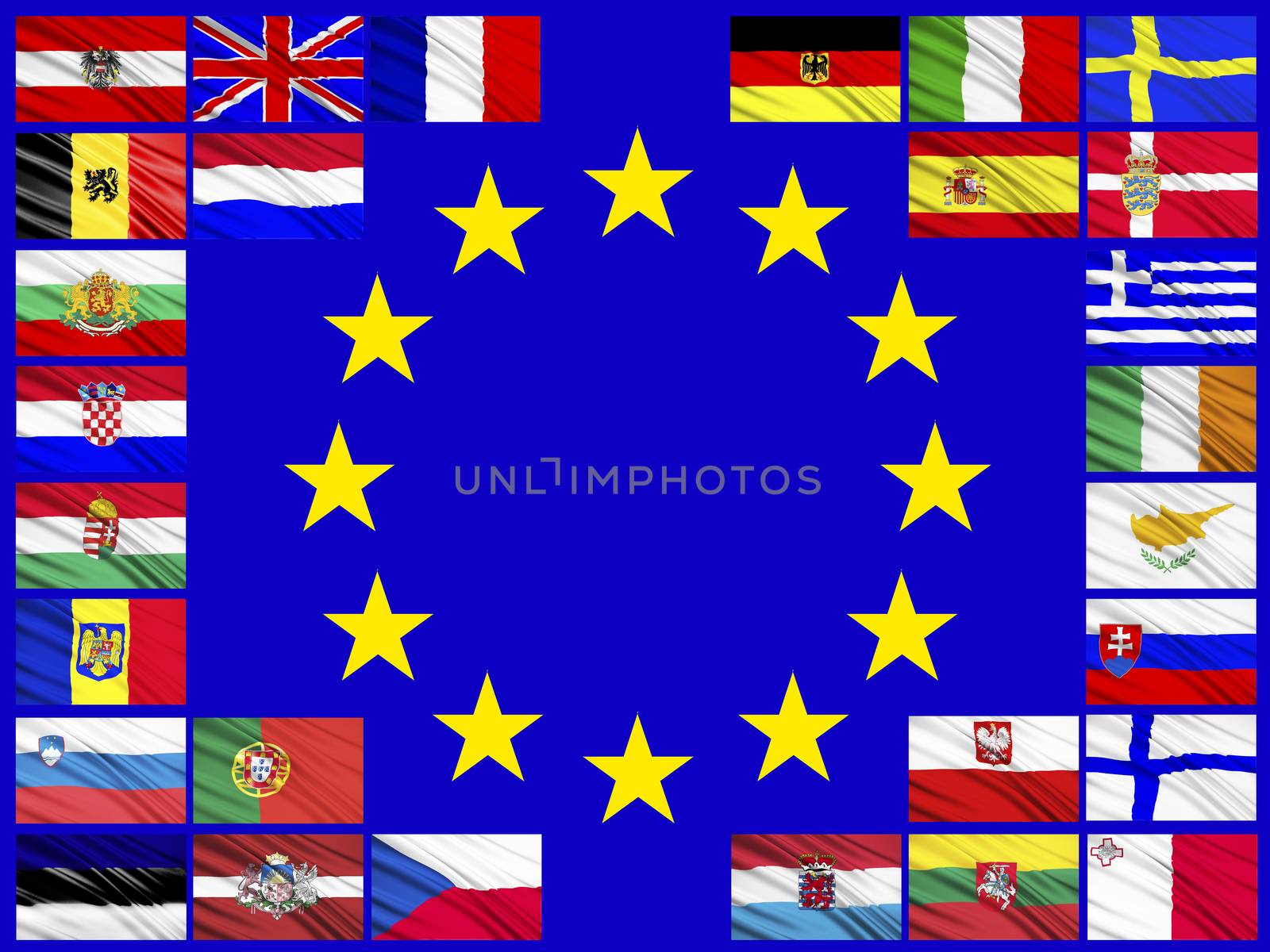 Flags of the countries of the European Union against the background of the flag of the EU