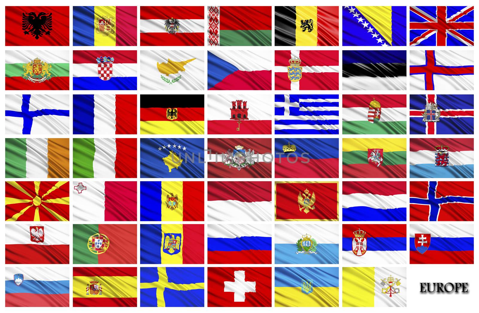 Collage of the flags of the countries of Europe, located on a white background in alphabetical order