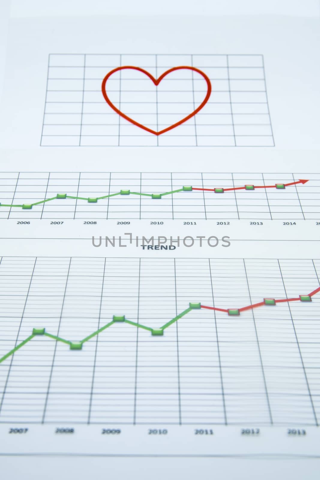 stack of paper documents with financial reports and a big red heart isolated on white background