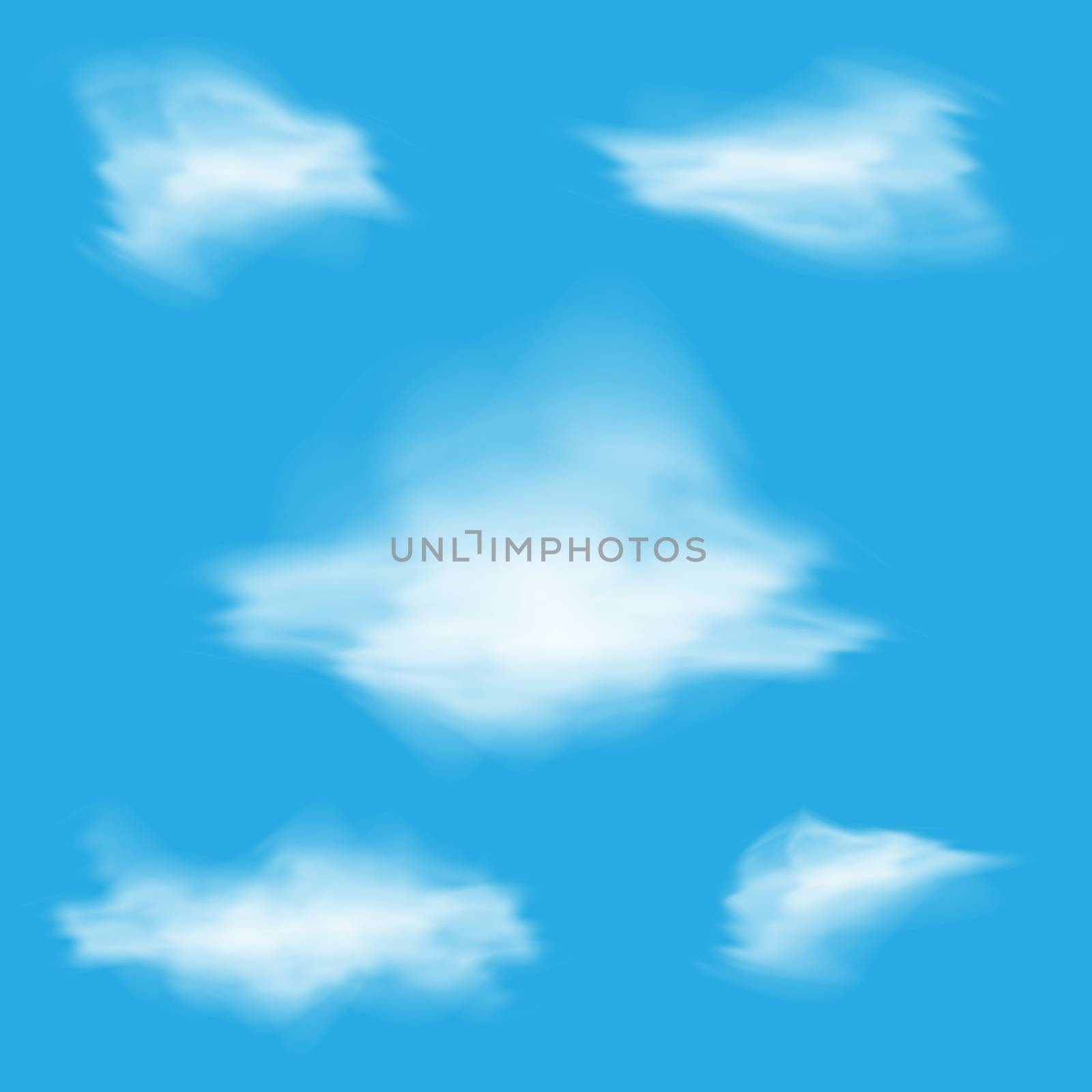 Set of different realistic fluffy clouds on the blue sky background