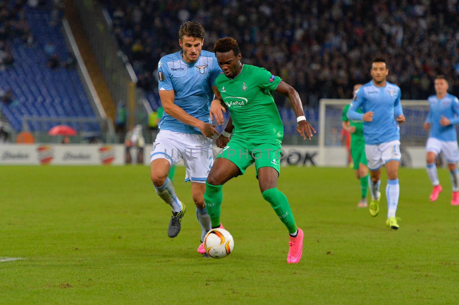 ITALY, Rome: Wesley Hoedt of SS Lazio (left) fights for the ball with Jean Christophe Bahebeck of AS Saint-Etienne during a Group G match in the group stage of the UEFA Europa League at Rome's Olympic Stadium on October 1, 2015. SS Lazio won the match with a score of 3-2.