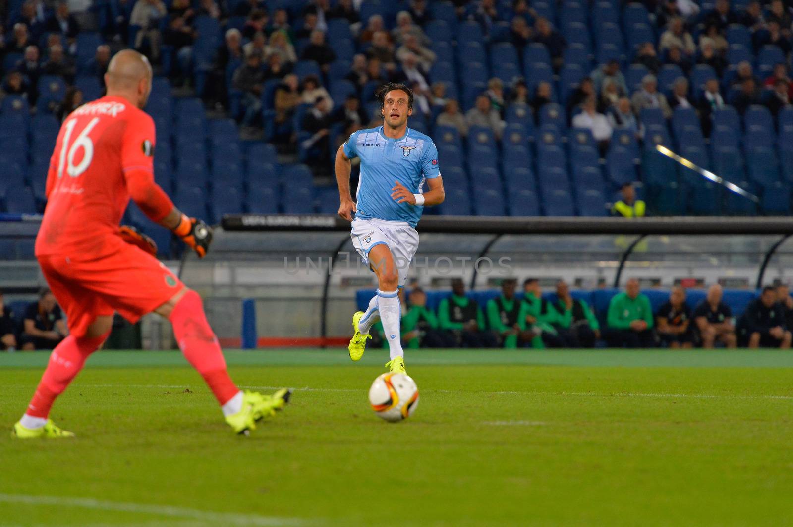 ITALY, Rome: Stefano Mauri of SS Lazio kicks the ball during a Group G match between SS Lazio and AS Saint-Etienne in the group stage of the UEFA Europa League at Rome's Olympic Stadium on October 1, 2015. SS Lazio  won the match with a score of 3-2.