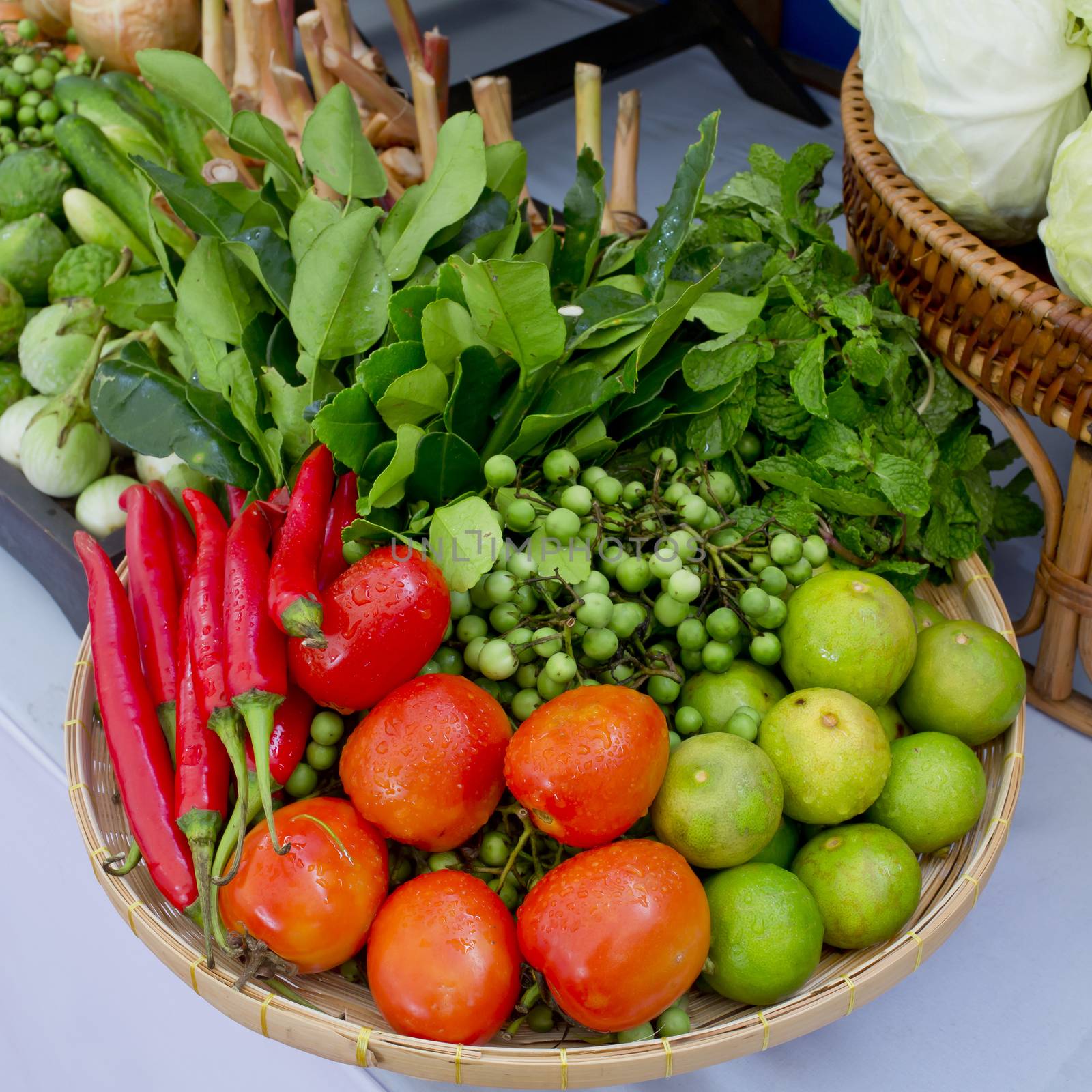 Kind of Thai vegetables set in Thai kitchen style.