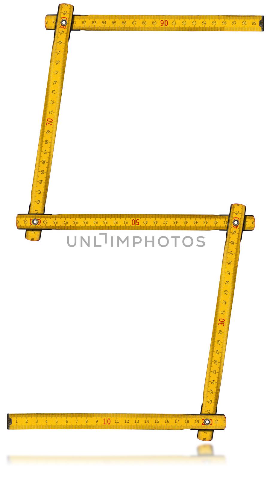 Old wooden yellow meter in the shape of letter S or number 5. Isolated on white background.