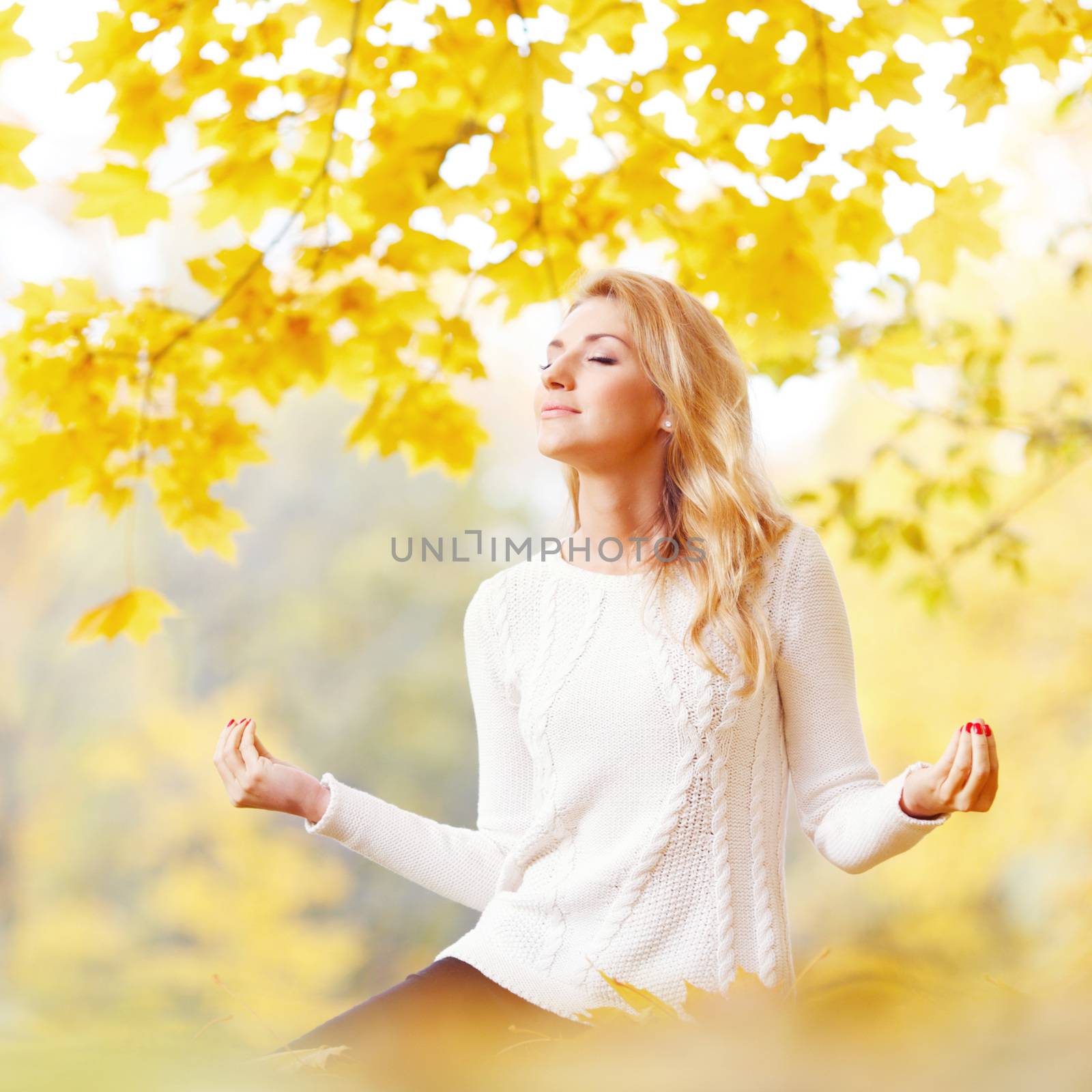 Pretty woman doing yoga exercises in autumn park