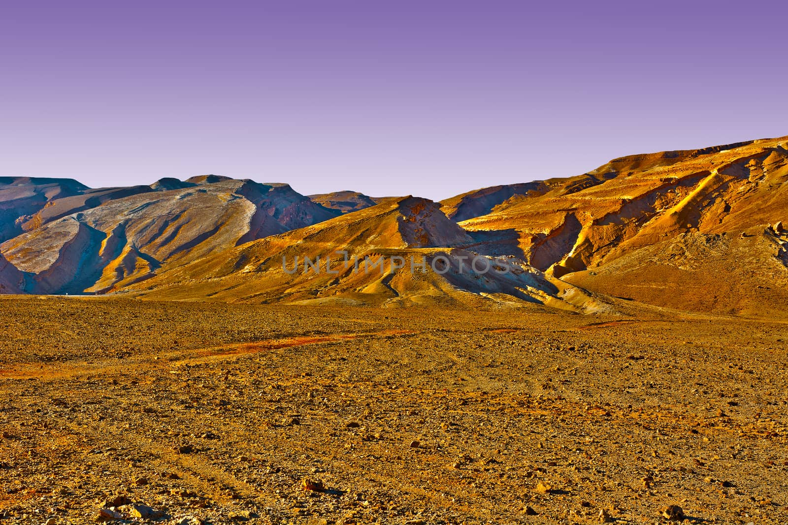 Rocky Hills of the Negev Desert in Israel, Sunset