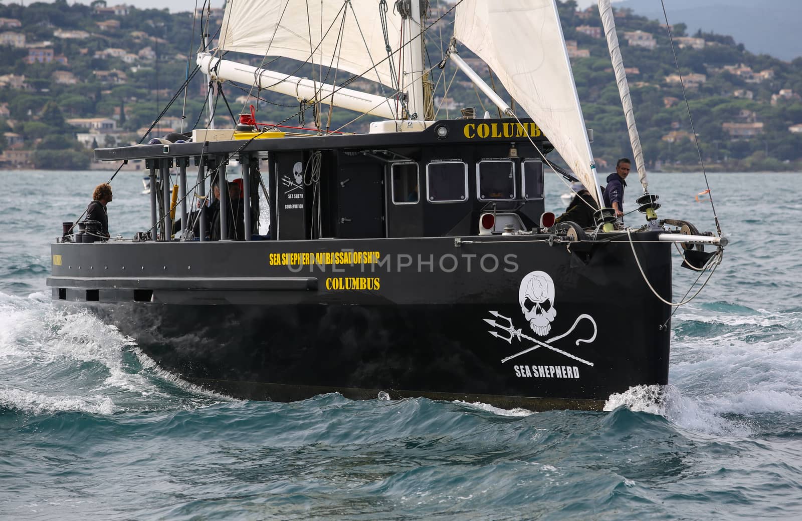 FRANCE, Saint-Tropez: The Sea Shepherd conservation society (SSCS)'s boat 'Columbus' sails off the coast of Saint-Trophez, southern France, on October 1er, 2015.