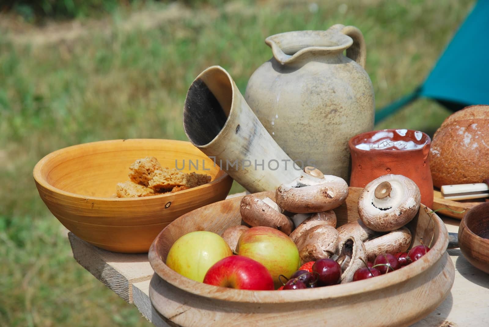 Plate of medieval food with mushrooms