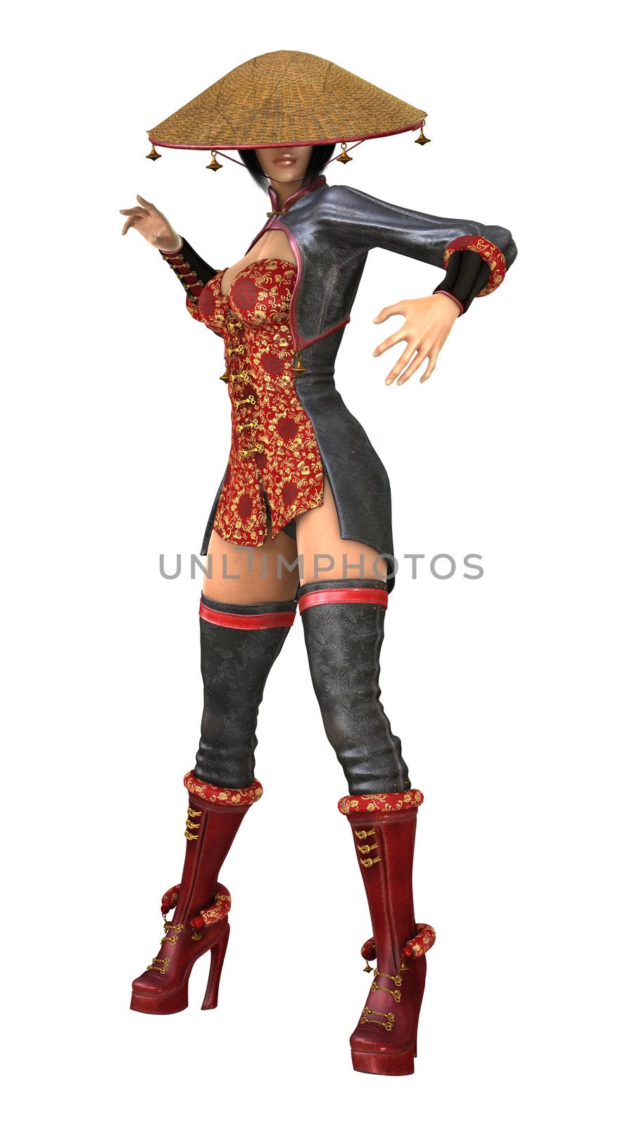 3D digital render of a beautiful Asian battle woman isolated on white background