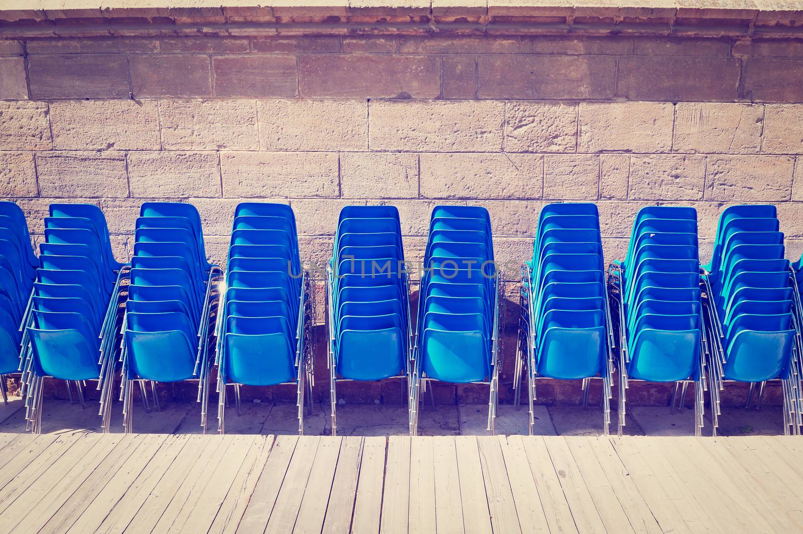 Row of Plastic Chairs near the  Wooden Stage, Instagram Effect