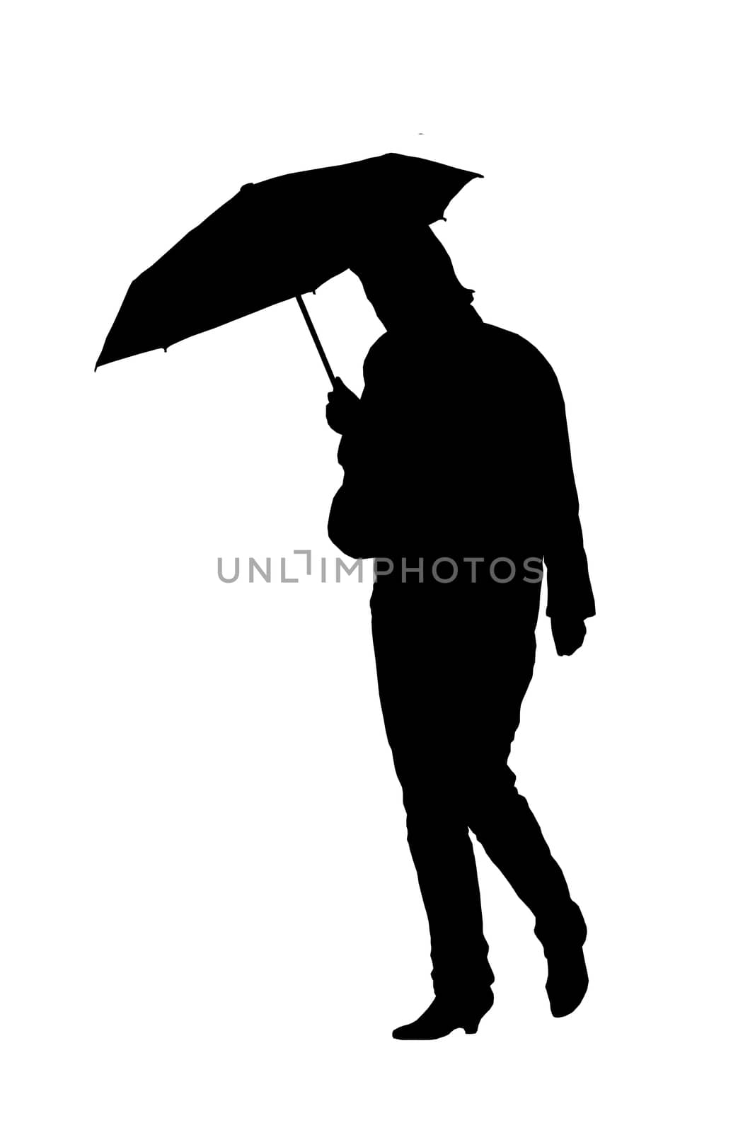  A woman with an umbrella, isolated on white background.