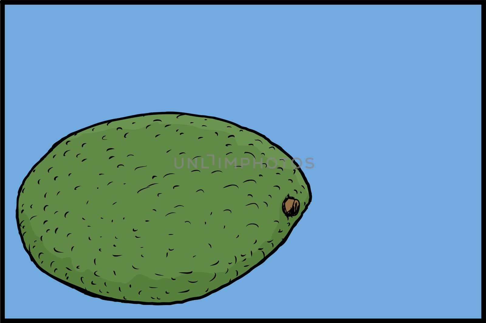 Hand drawn single avocado fruit illustration over blue