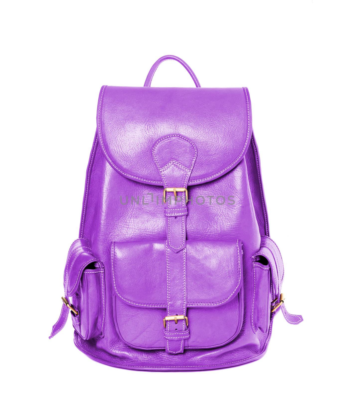 Magenta leather backpack standing isolated on white background