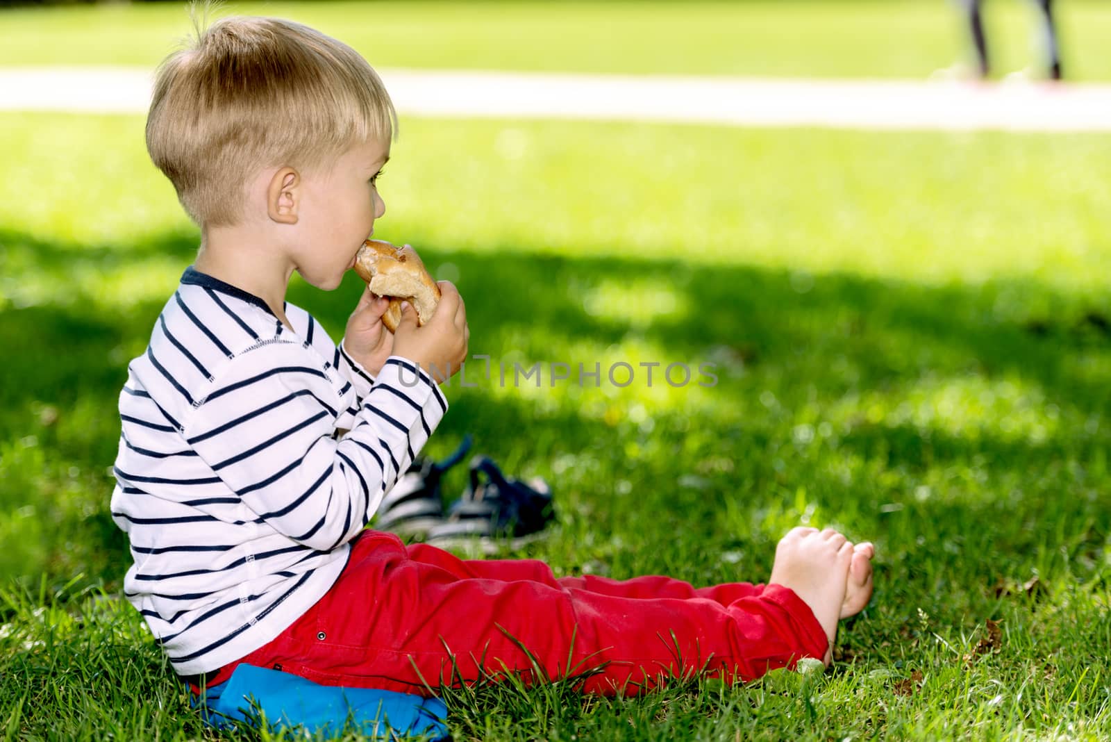 Little preschool boy eating bread outside by Nanisimova