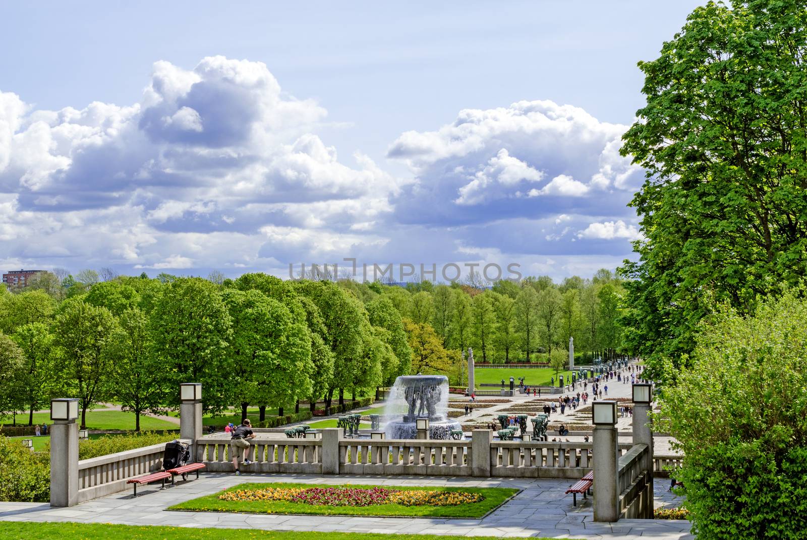 OSLO - MAY 18: Statues in Vigeland park in Oslo, Norway on May 18, 2012. The park covers 80 acres and features 212 bronze and granite sculptures created by Gustav Vigeland.