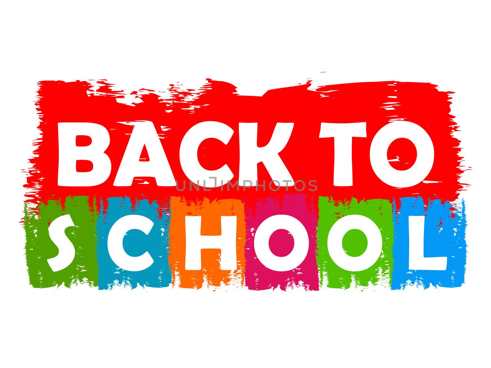 back to school drawn label - text in red, green, blue, orange and purple banner, education concept