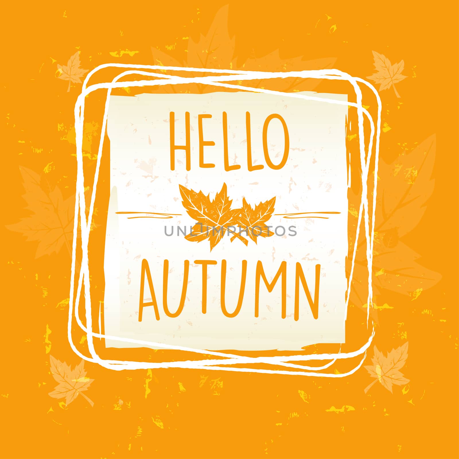 hello autumn in frame with leaves over yellow orange old paper b by marinini
