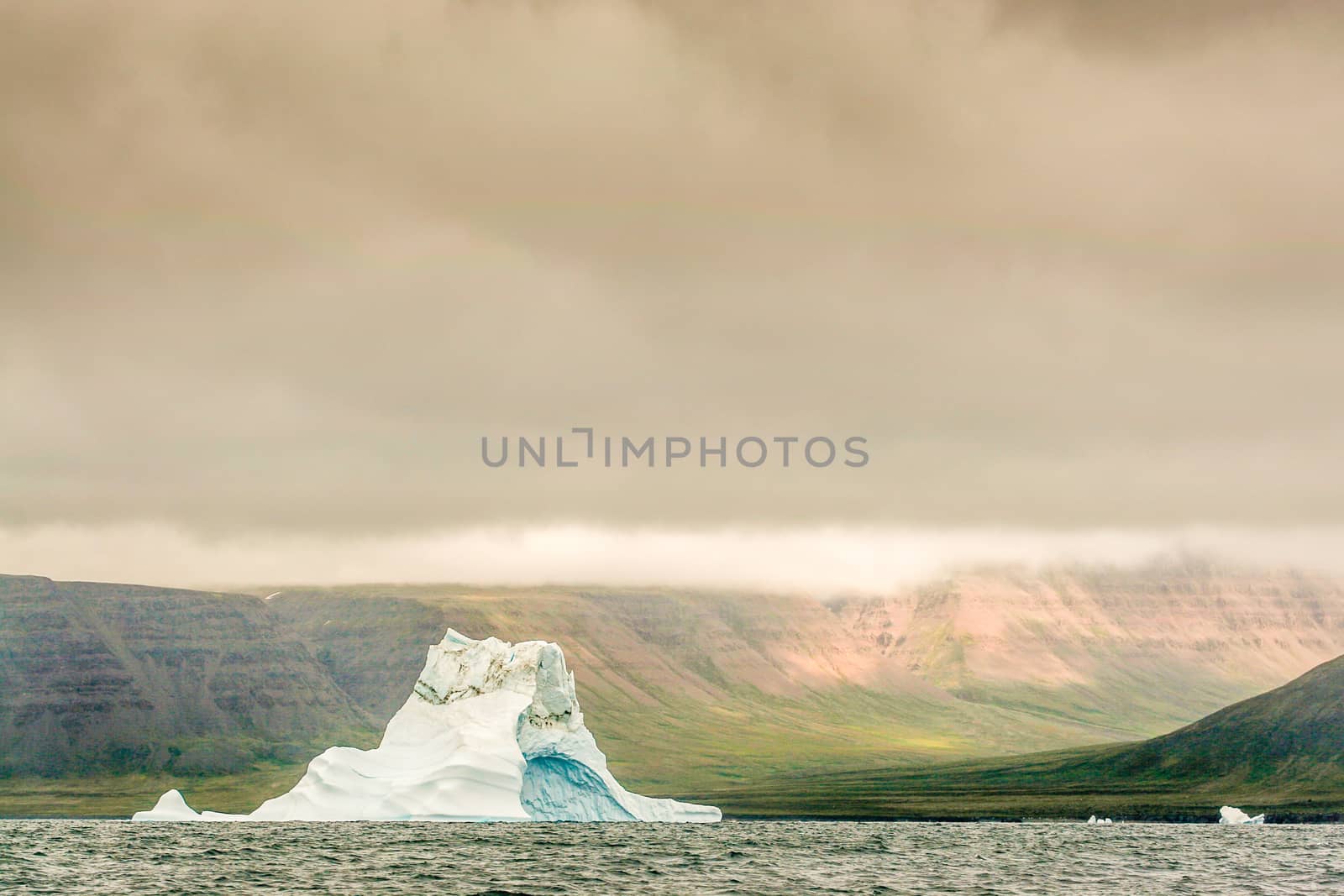 A single, powerful iceberg floats against a green, tundra valley  in the Arctic