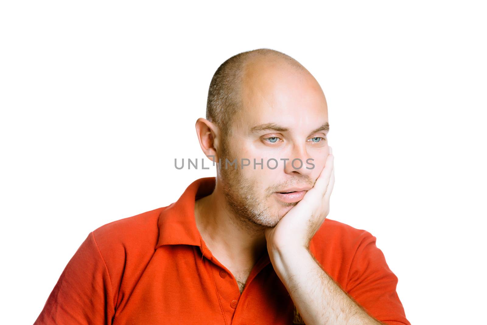 Unshaven man. Toothache. Isolated on white. Studio