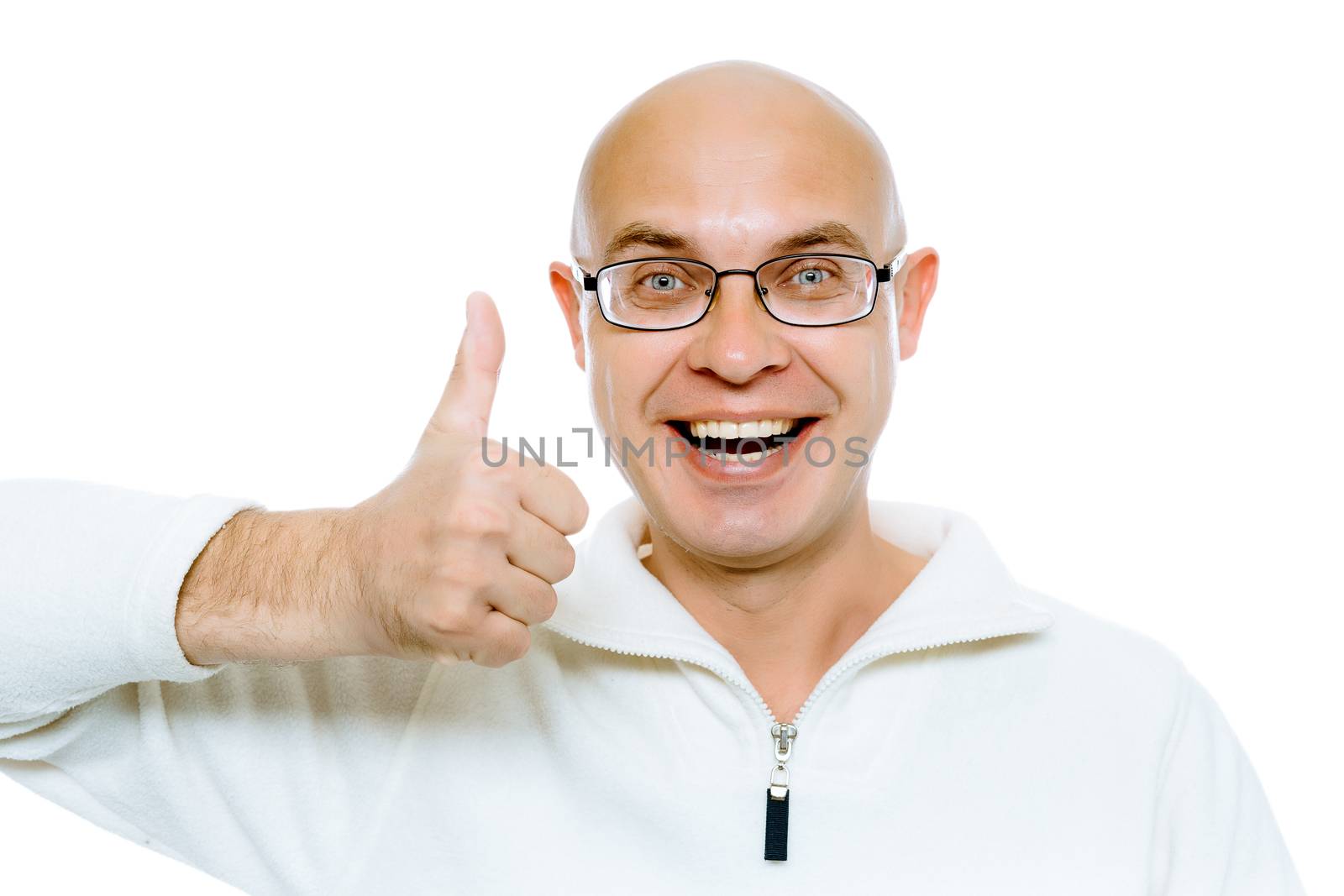 Bald man with glasses smiling with thumb up. Isolated on white. Studio