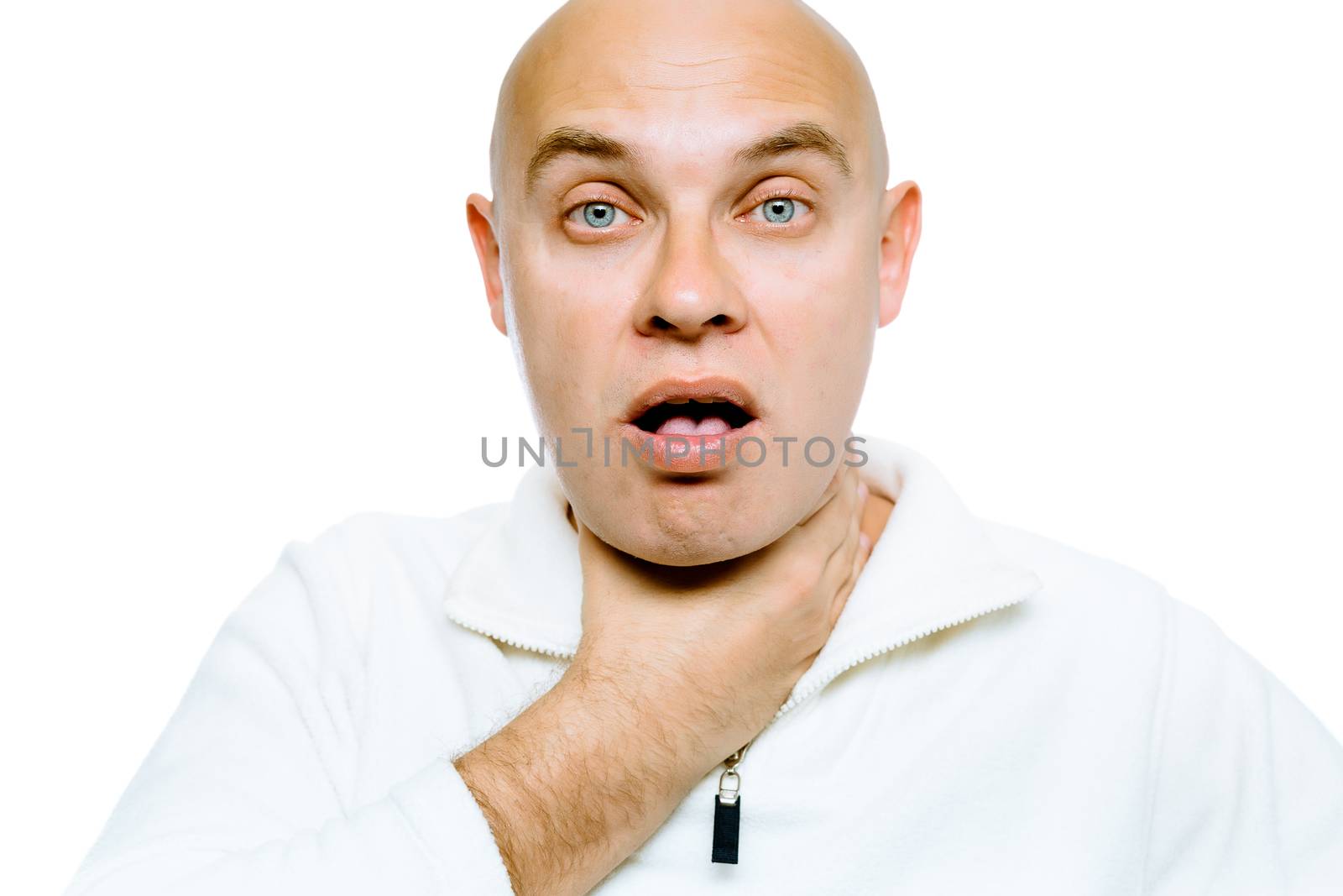 Bald man with a sore throat. Isolated on white. Studio