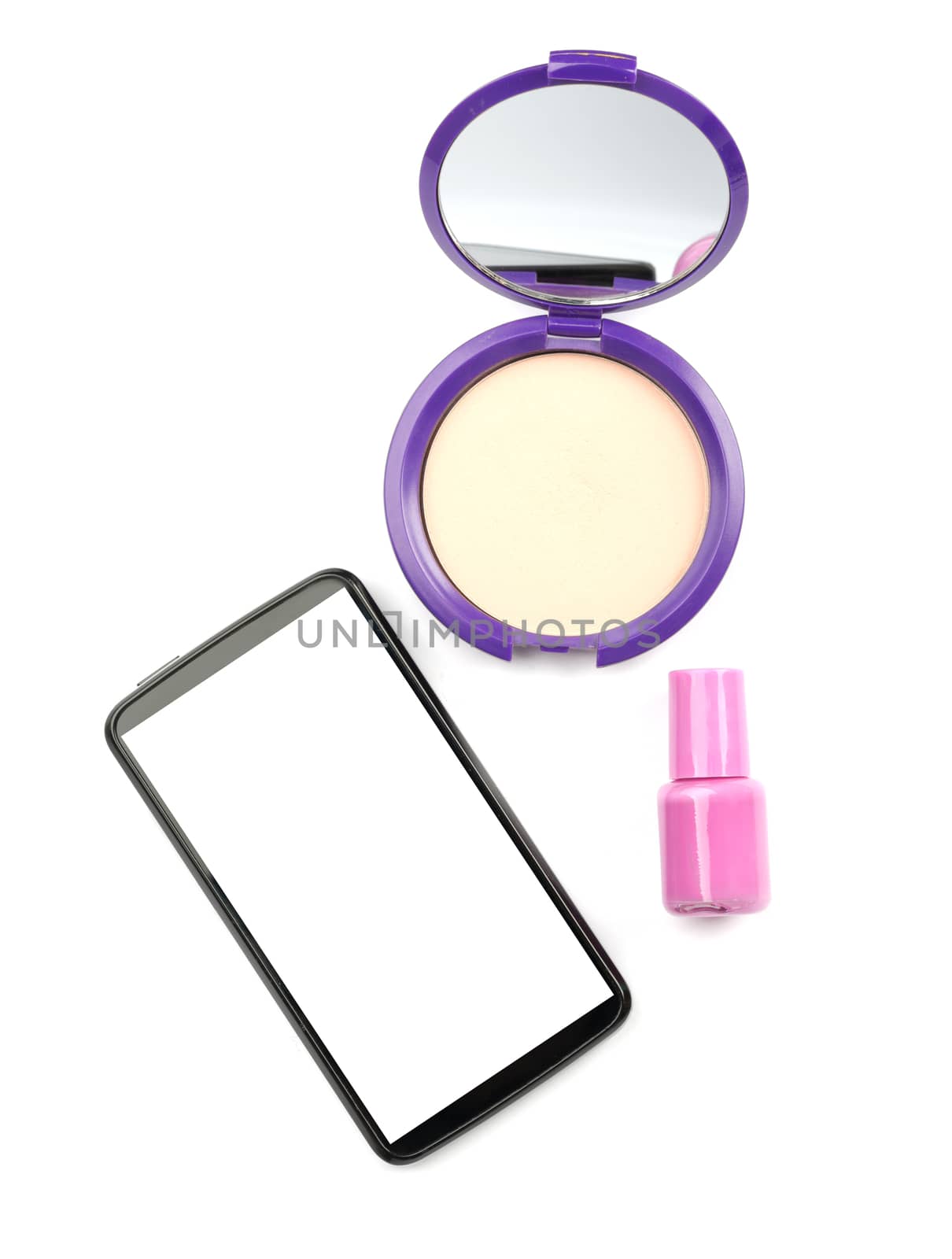 Smartphone with cosmetics on isolated white background