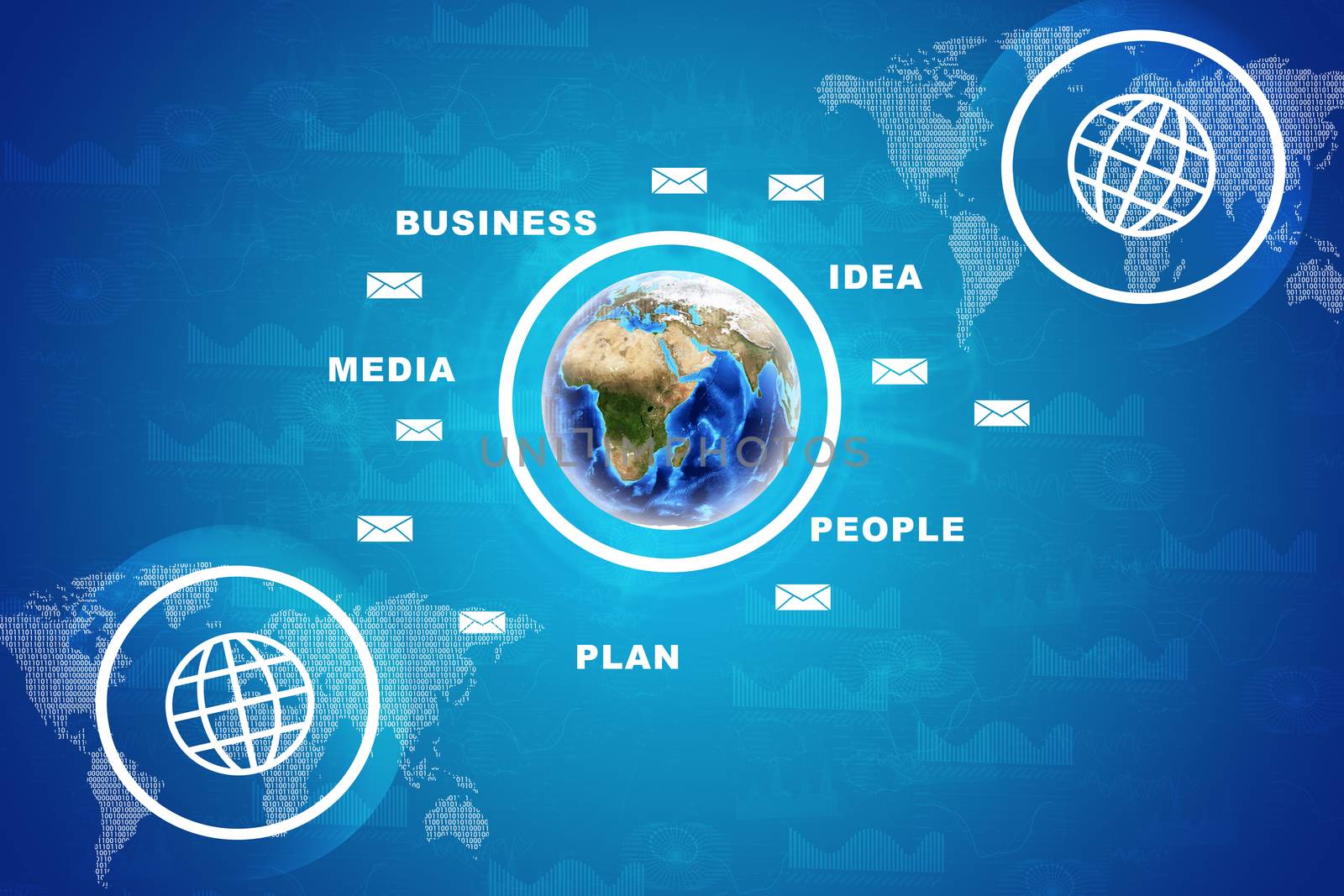 Earth with business words and graphs on abstract blue background with world map. Elements of this image furnished by NASA