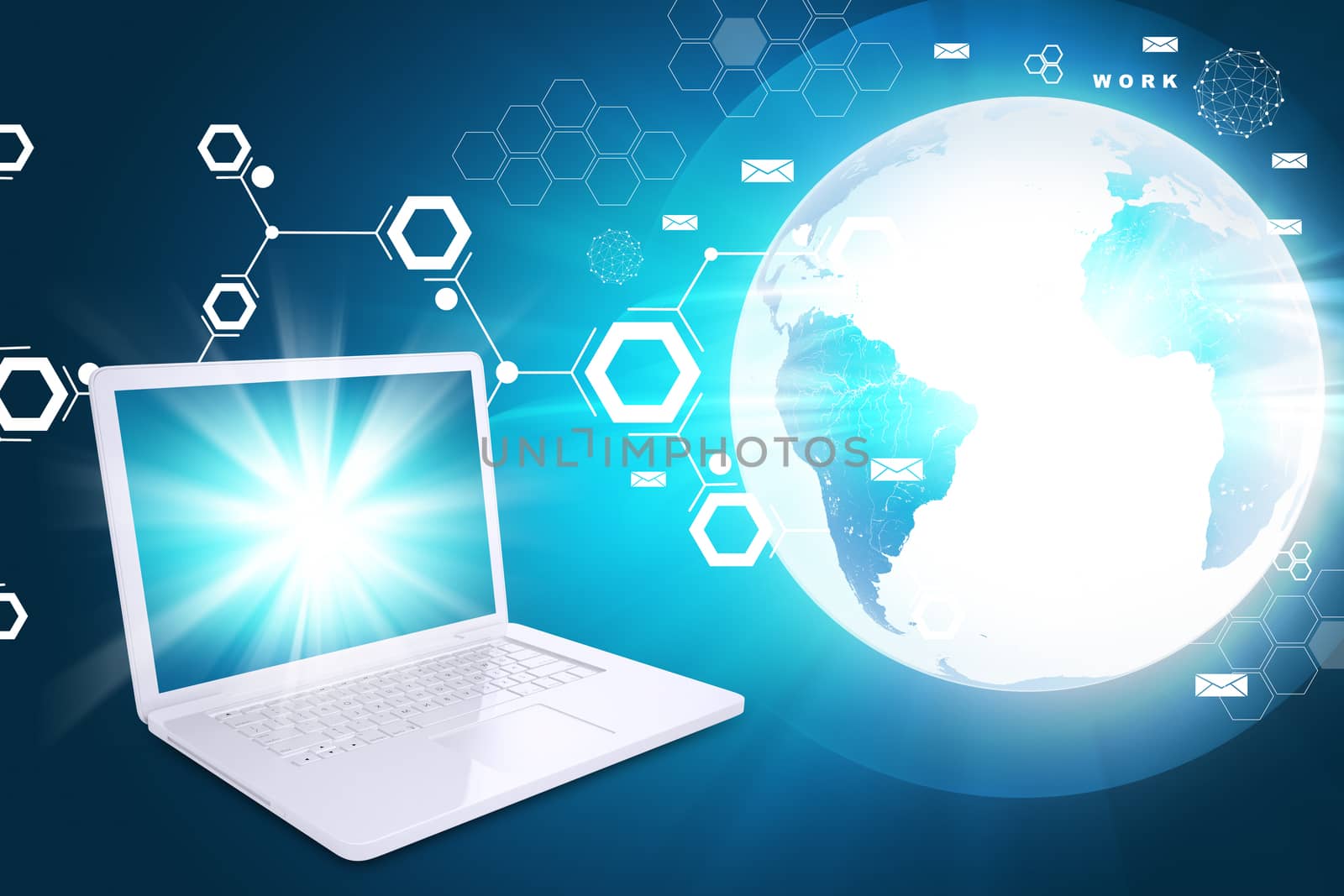 Laptop with Earth globe and molecule on abstract blue background