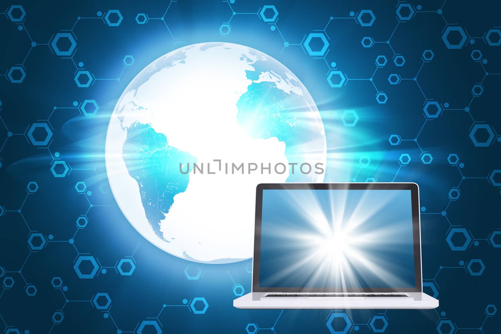 Laptop with Earth globe on abstract blue background