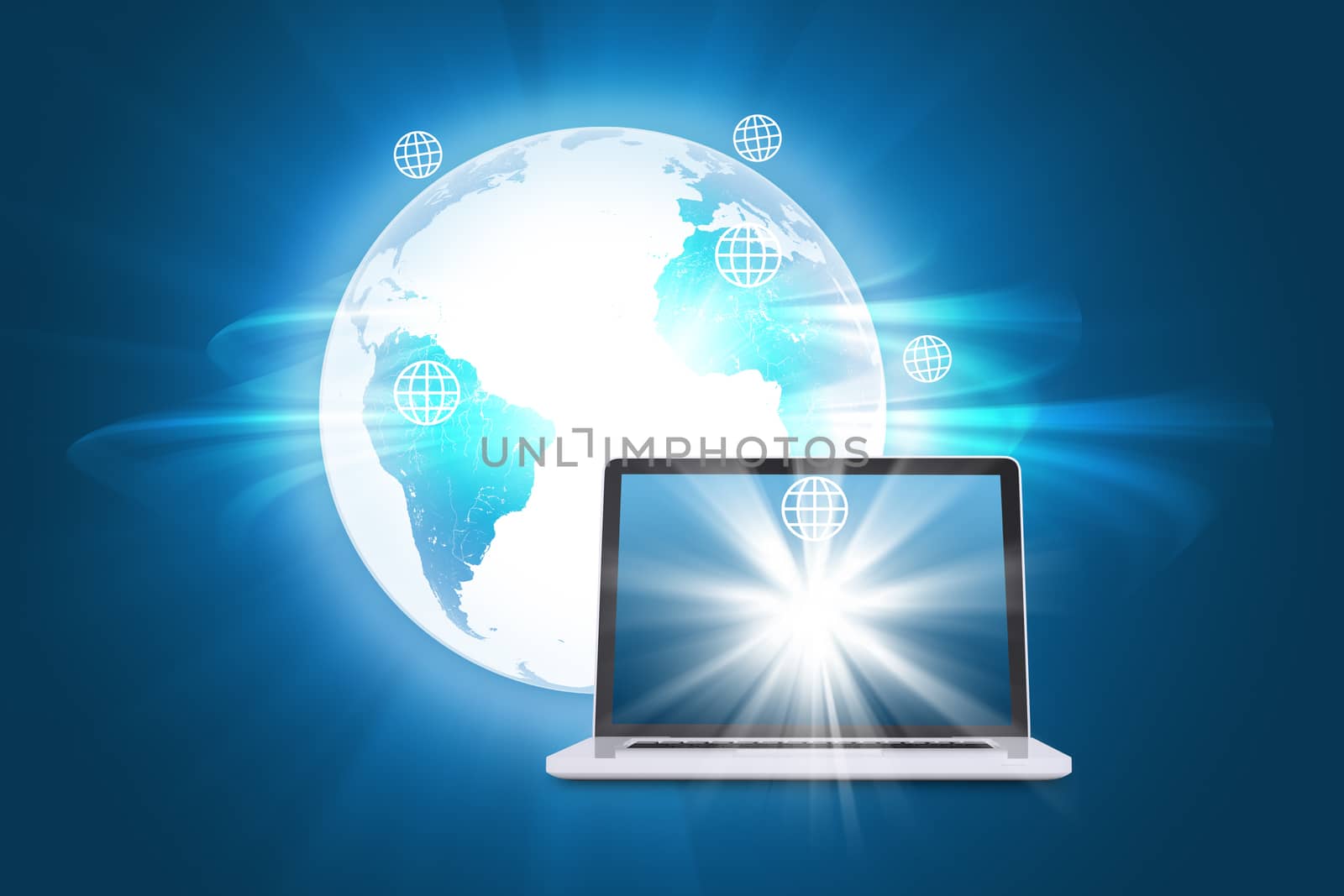 Laptop with Earth globe on abstract blue background