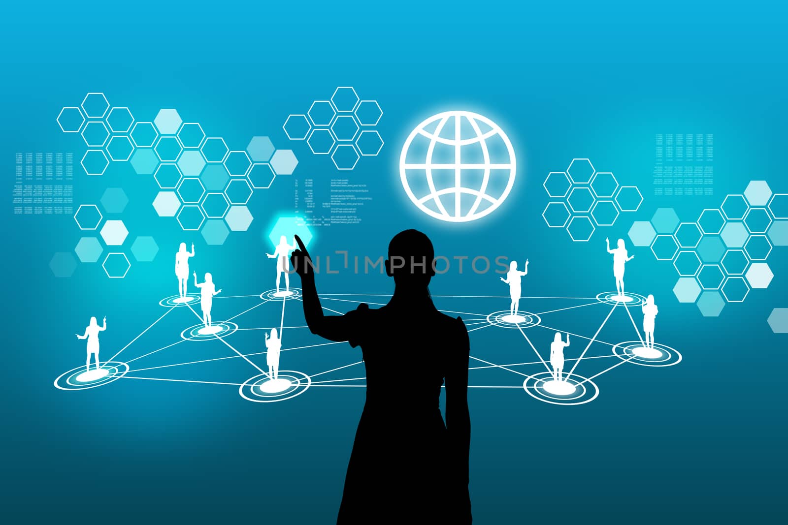 Businesswomans silhouette touching virtual holographic screen with world map