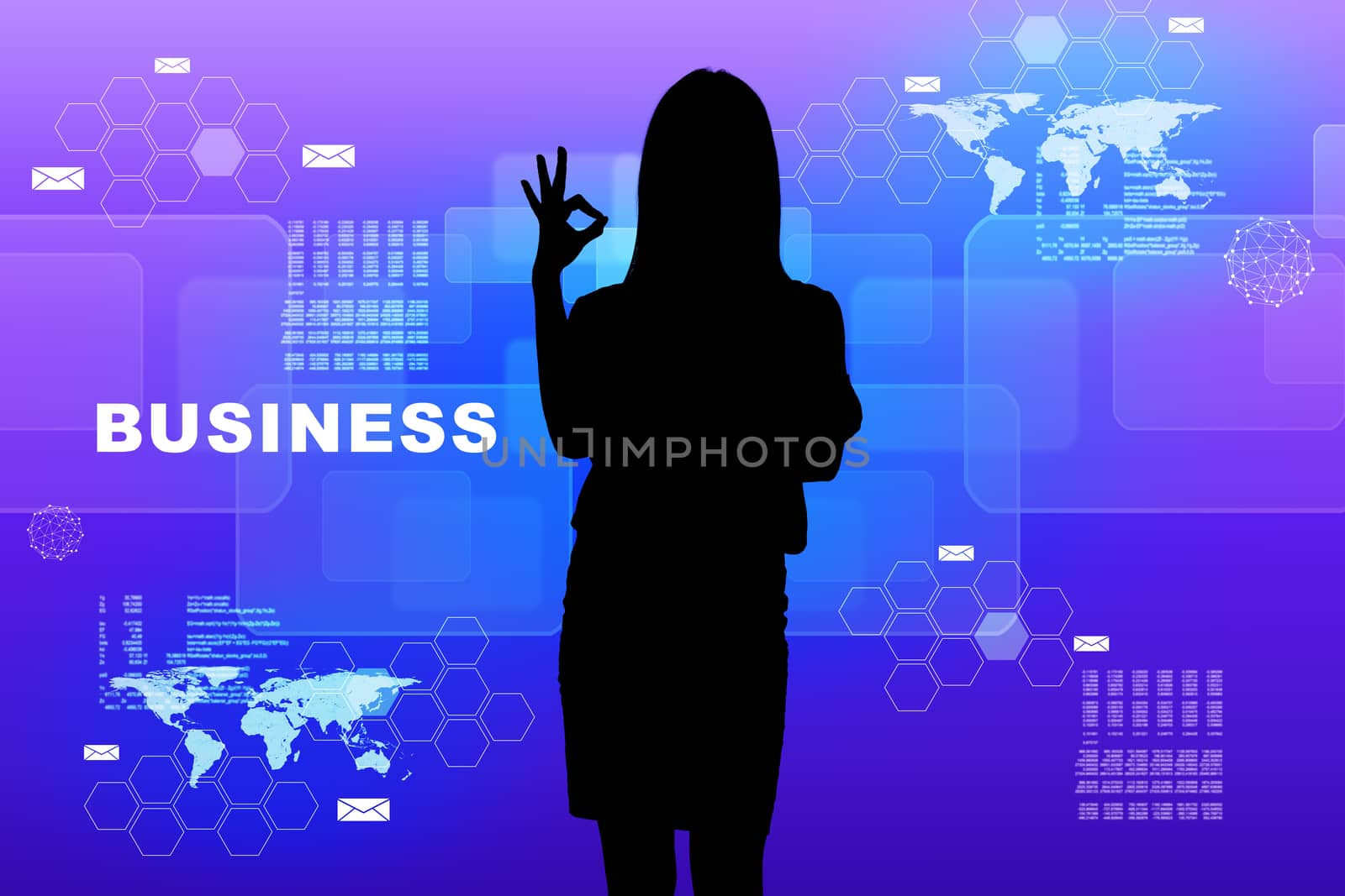 Businesswomans silhouette on virtual holographic screen with world map