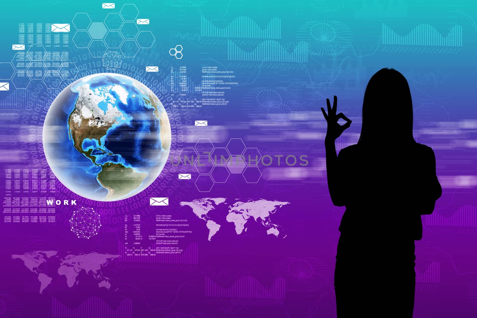 Businesswomans silhouette and virtual holographic screen with world map. Elements of this image furnished by NASA