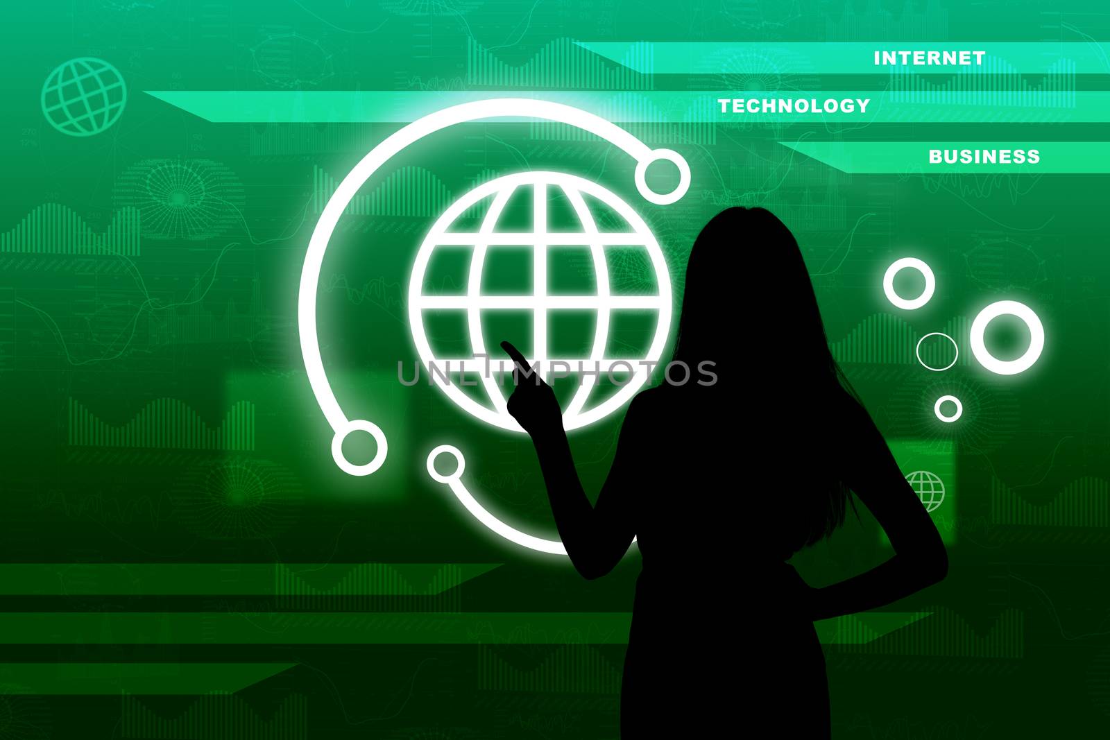 Businesswomans silhouette touching virtual holographic screen with graphs