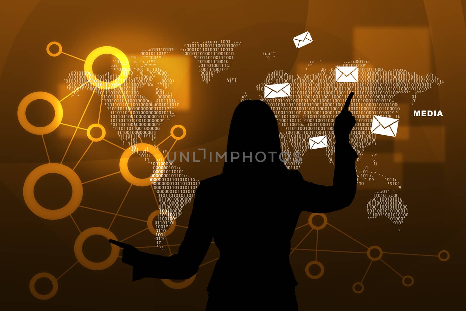 Businesswomans silhouette touching virtual holographic screen with world map